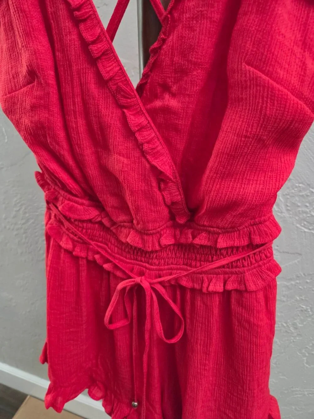 R64. Vibrant Red‎ Ruffled Surplice Romper